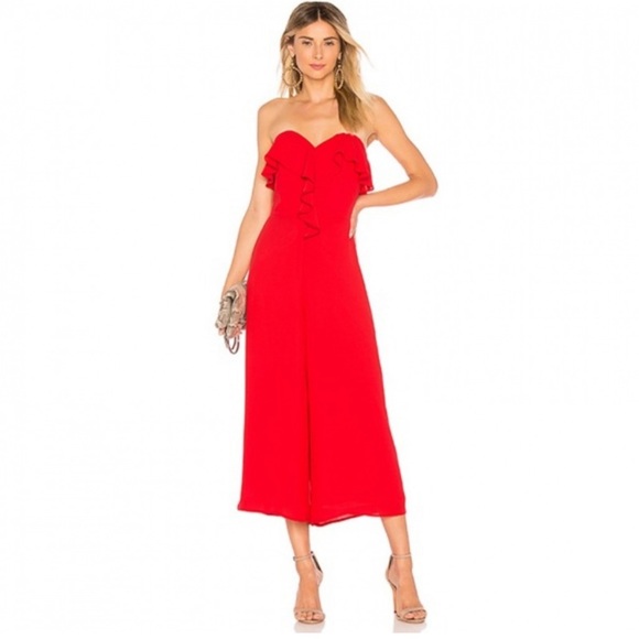 Red strapless wide leg jumpsuit in striking red by Amanda Uprichard. - Picture 4 of 5